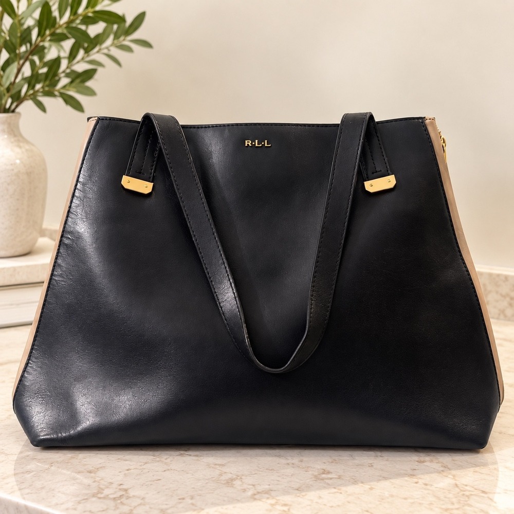 Lauren Ralph Lauren Navy Tan Leather Expandable Tote Bag Gold Hardware